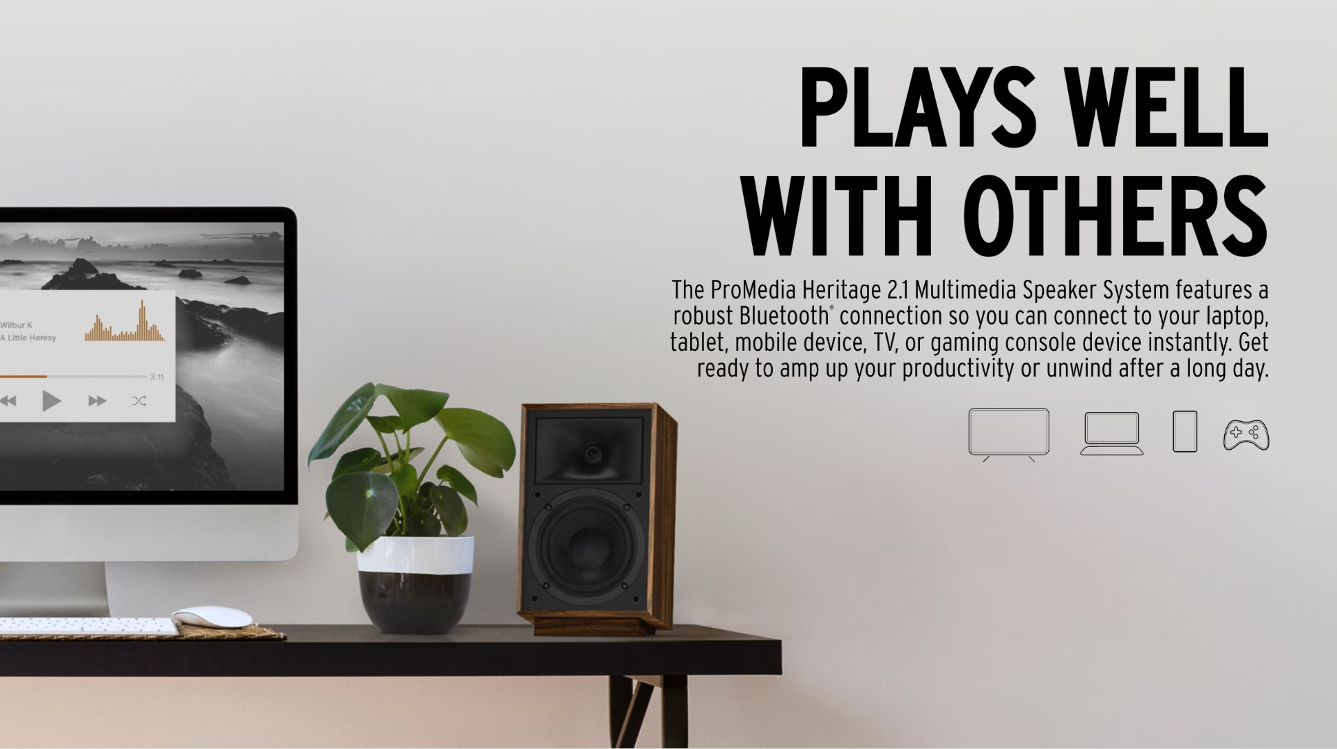 The ProMedia Heritage 2.1 Multimedia Speaker System features a robust Bluetooth connection so you can connect to your laptop, tablet, mobile device, TV, or gaming console device instantly. Get ready to amp up your productivity or unwind after a long day.