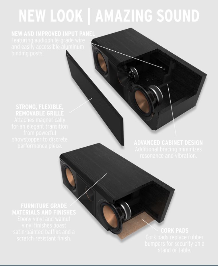 New and Improved Input Panel | Strong, Flexible Removable Grille | Advanced Cabinet Design | Furniture Grade Materials and Finishes | Cork Pads