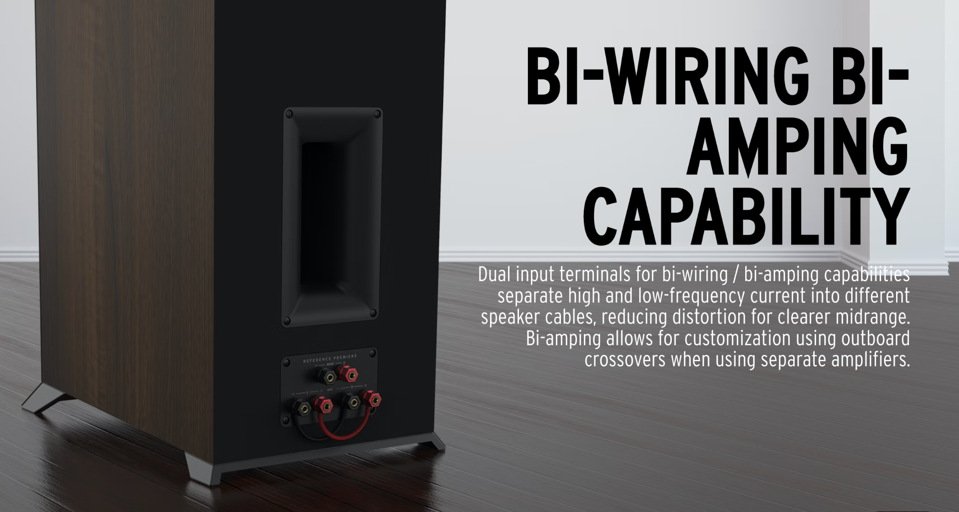 Dual input terminals for bi-wiring/bi-amping capabilities separate high and low-frequency current into different speaker cables, reducing distortion for clearer midrange. Bi-amping allows for customization using outboard crossovers when using separate amplifiers. 