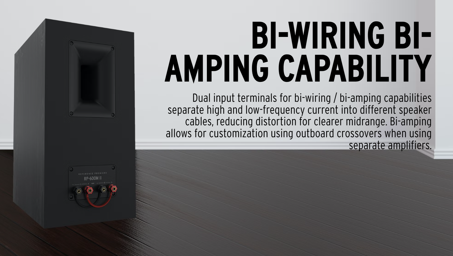 Dual input terminals for bi-wiring/bi-amping capabilities separate high and low-frequency current into different speaker cables, reducing distortion for clearer midrange. Bi-amping allows for customization using outboard crossovers when using separate amplifiers. 